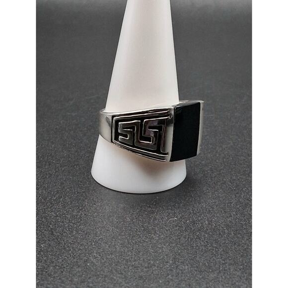 Men's Black Onyx Ring, Size 11.75, 925 Silver, Signet, Bold Modern Greek Style - Picture 3 of 10